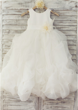 Ivory Satin Organza Bubble Skirt Flower Girl Dress With Feather Flower
